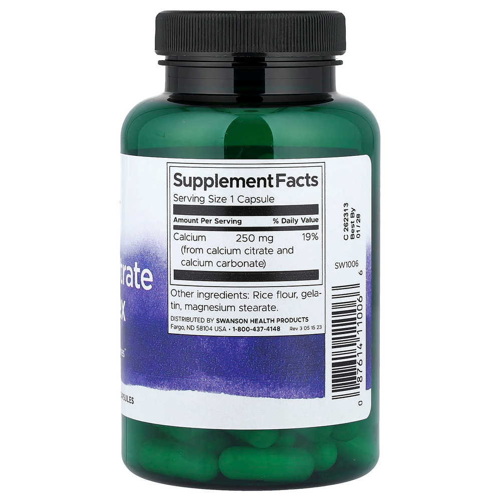 Swanson Vitamins, Комплекс цитрата кальция, 250 мг, 100 капсул