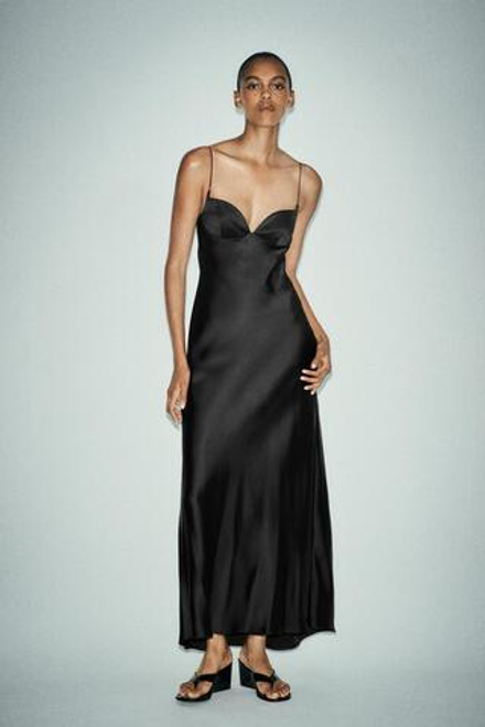 ZARA ДЛИННОЕ АТЛАСНОЕ ПЛАТЬЕ, ЧЕРНЫЙ