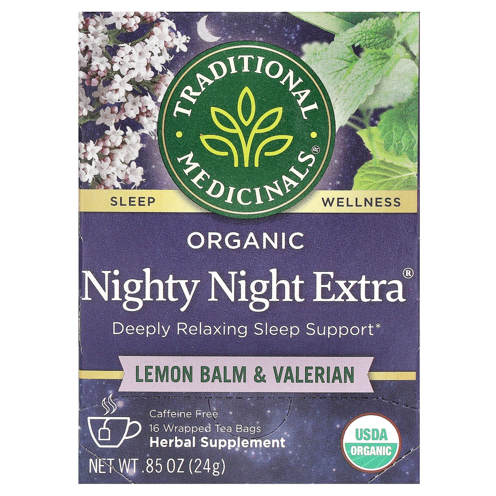 Traditional Medicinals, Organic Nighty Night Extra®, мелисса лекарственная и валериана, без кофеина, 16 чайных пакетиков, 24 г (0,85 унции)