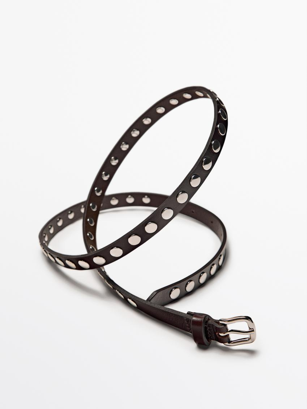 Massimo Dutti Тонкий ремень из кожи наппа с заклепками, коричневый