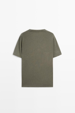 Massimo Dutti Футболка из хлопка и льна с двойным воротом, хаки