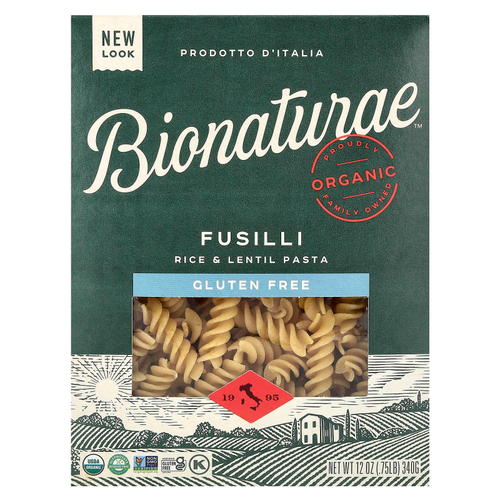 Bionaturae, паста из риса и чечевицы без глютена, фузилли, 340 г (12 унций)