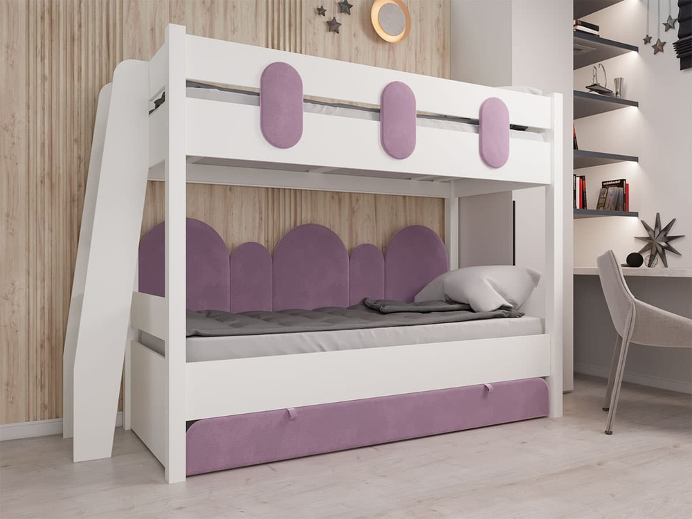 Кровать двухъярусная Астрит, белый/ велюр шампанское