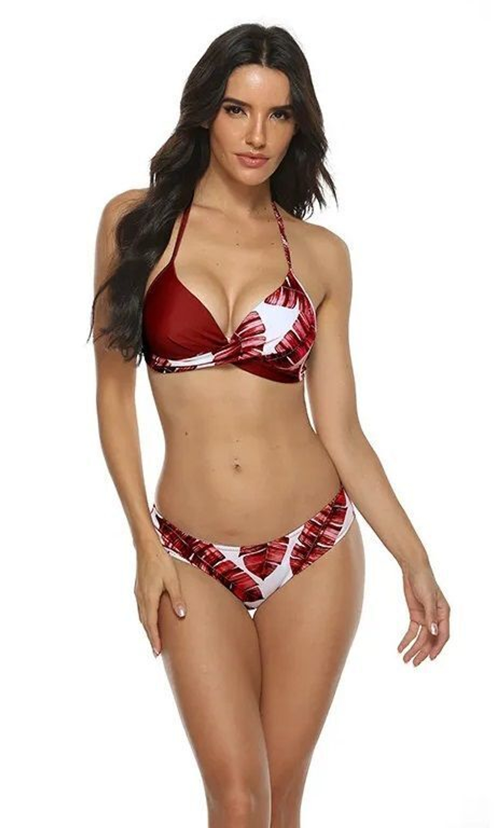 Женский красно-белый раздельный купальник с растительным принтом (Размер: L) (Цвет: красный с белым)