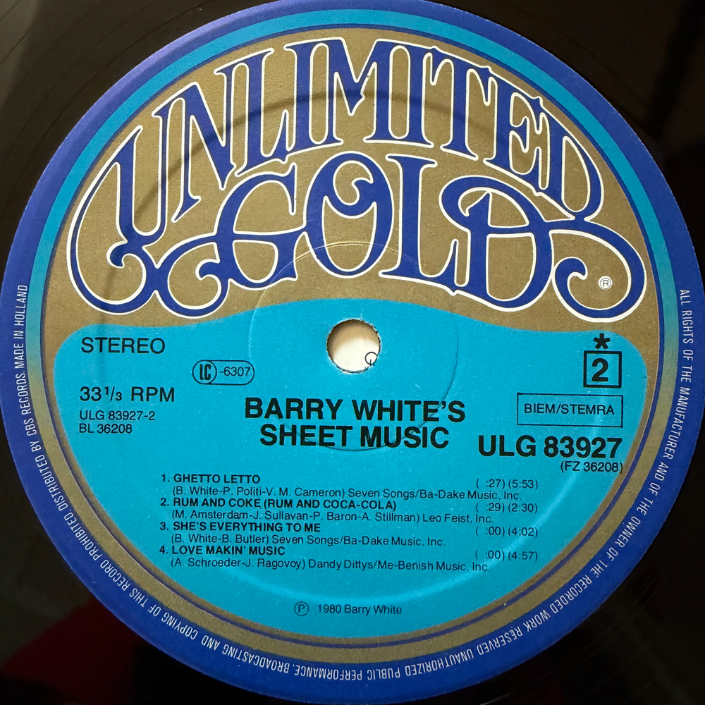 Barry White ‎– Barry White's Sheet Music (Голландия 1980г.)Т
