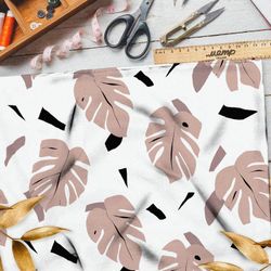 Ткань таффета листья монстеры пудровые