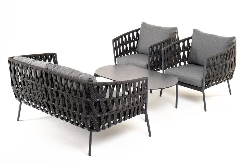 "Диего" лаунж-зона 4-местная плетеная из роупа (веревки), каркас алюминиевый темно-серый, роуп темно-серый