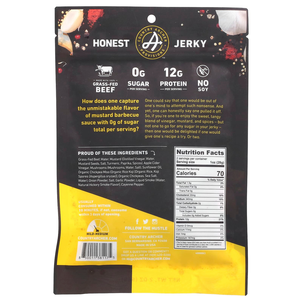 Country Archer Jerky, вяленая говядина от коров травяного откорма, горчица для барбекю, 56 г (2 унции)