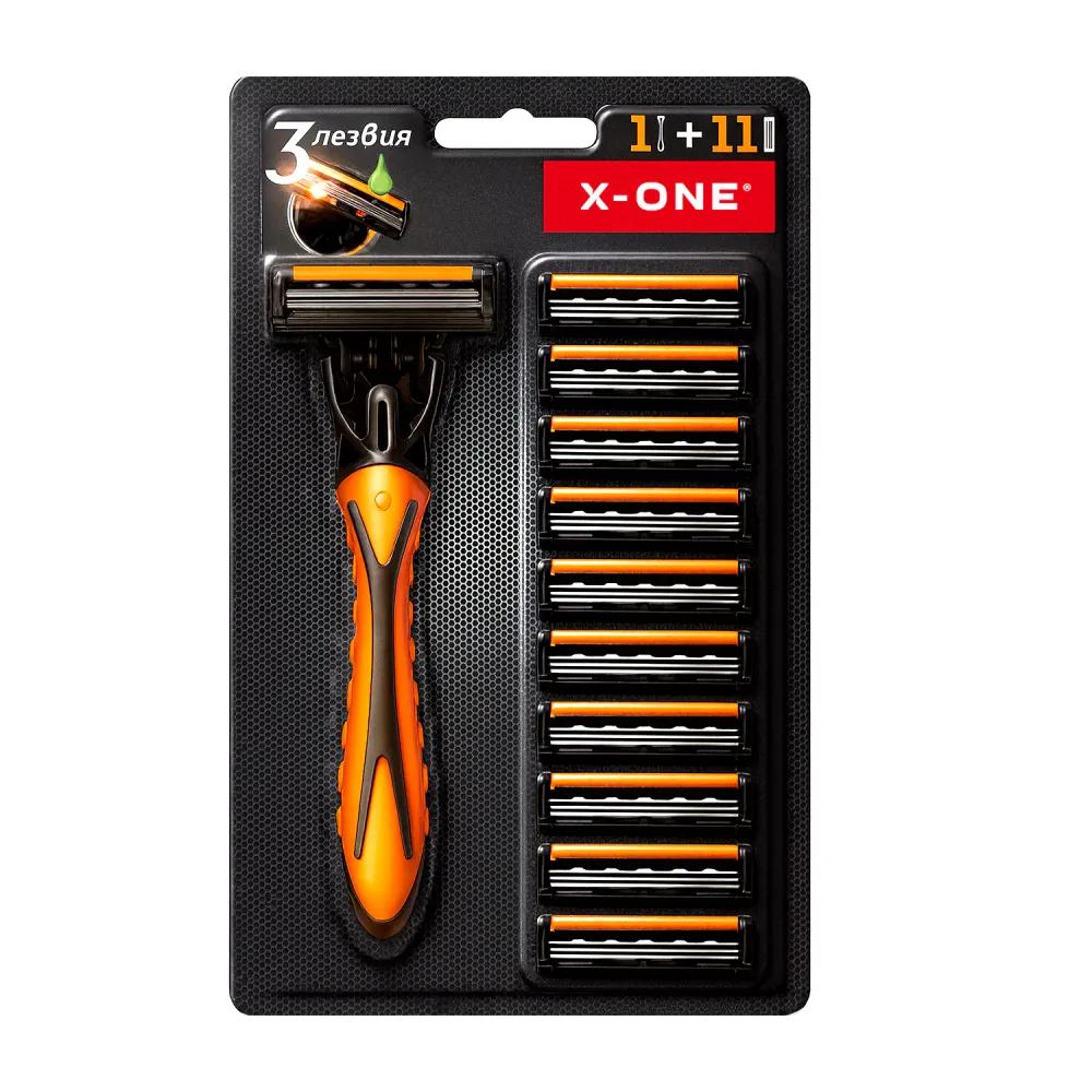 Бритвенный станок многоразовый мужcкой, 3 лезвия, 11 кассет, оранжевый, X-ONE (ИКС-УАН), 700023