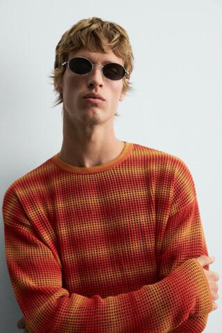 ZARA СВИТЕР В ПОЛОСКУ С АЖУРНЫМ УЗОРОМ, ОРАНЖЕВЫЙ