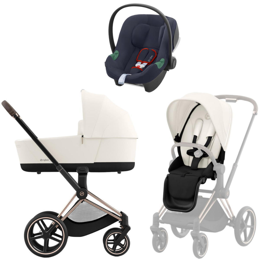 Коляска 3 в 1 Cybex Priam IV Rosegold complete и автокресло Aton B2 i-Size Bay Blue Off White