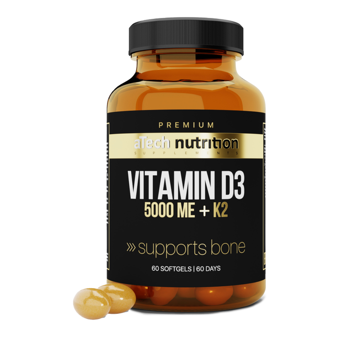 Витамин Д3 + К2, Vitamin D3 + K2, aTech Nutrition Premium, 60 желатиновых капсул