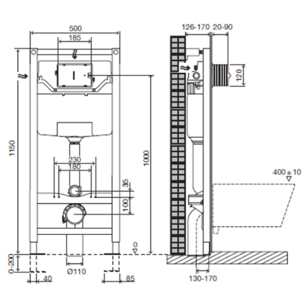 Комплект инсталляции Jacob Delafon E5504-NF, клавиши E4316 и подвесного унитаза Presquile E4440 схема
