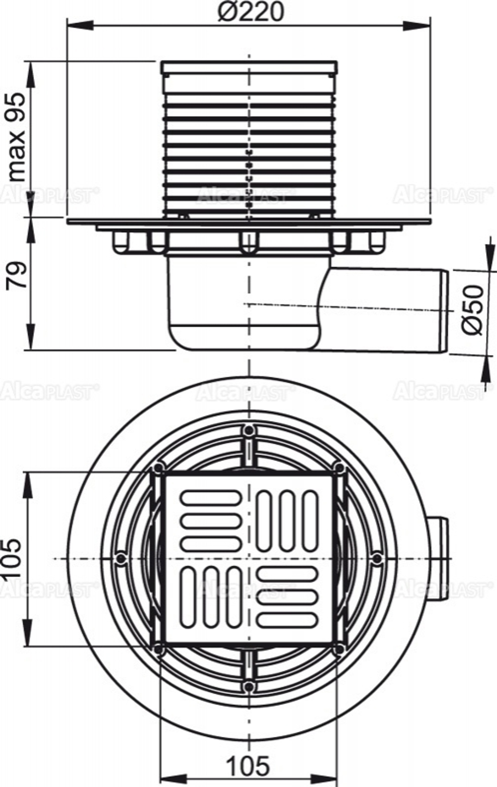 Душевой трап Alcadrain 105х105/50 с боковой подводкой, решетка латунь – хром (APV101)