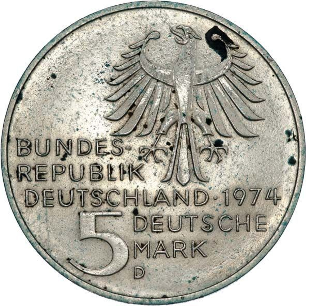 Germany, 5 Mark 1974 – Immanuel Kant Commemoration (Munich Mint - "D"), AU