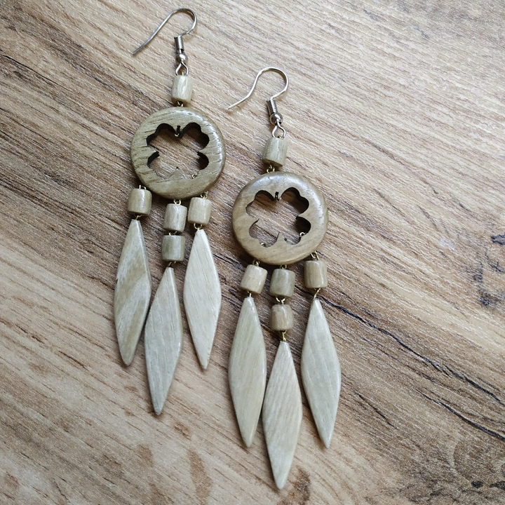 Серьги Клеверок 3 листика, дерево, 22x80 мм