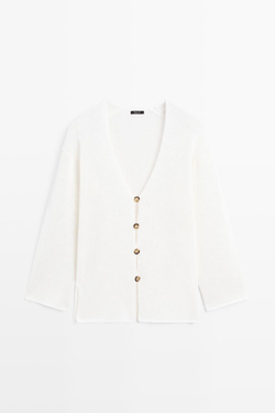 Massimo Dutti Длинный вязаный кардиган с V-образным вырезом, белый
