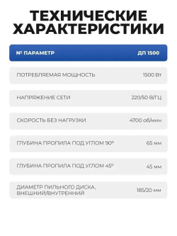 Дисковая пила циркулярная ДП 1500 (1500 Вт, диск 185 мм, пропил до 65 мм) ELECTROLITE