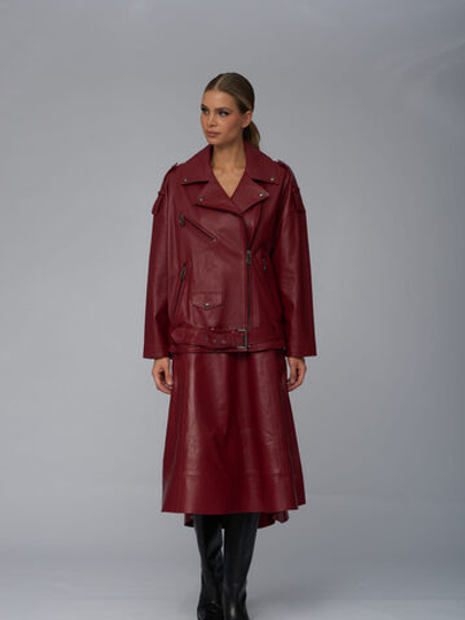 Женская кожаная миди-юбка бордового цвета расклёшенного силуэта