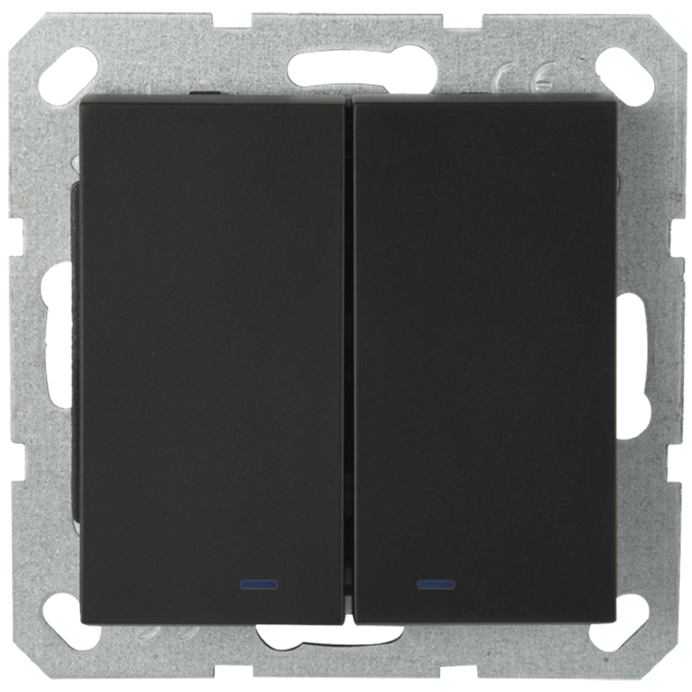 Выключатель двухклавишный со светодиодами 10A 250V~ с накладкой, цвет черный матовый (soft touch)