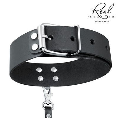 Черный кожаный ошейник с ремешком (Цвет: черный)