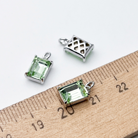 Подвеска Прямоугольник, цвет серебро (родий) + зеленый, размер 10*7 мм, цена за 1 шт