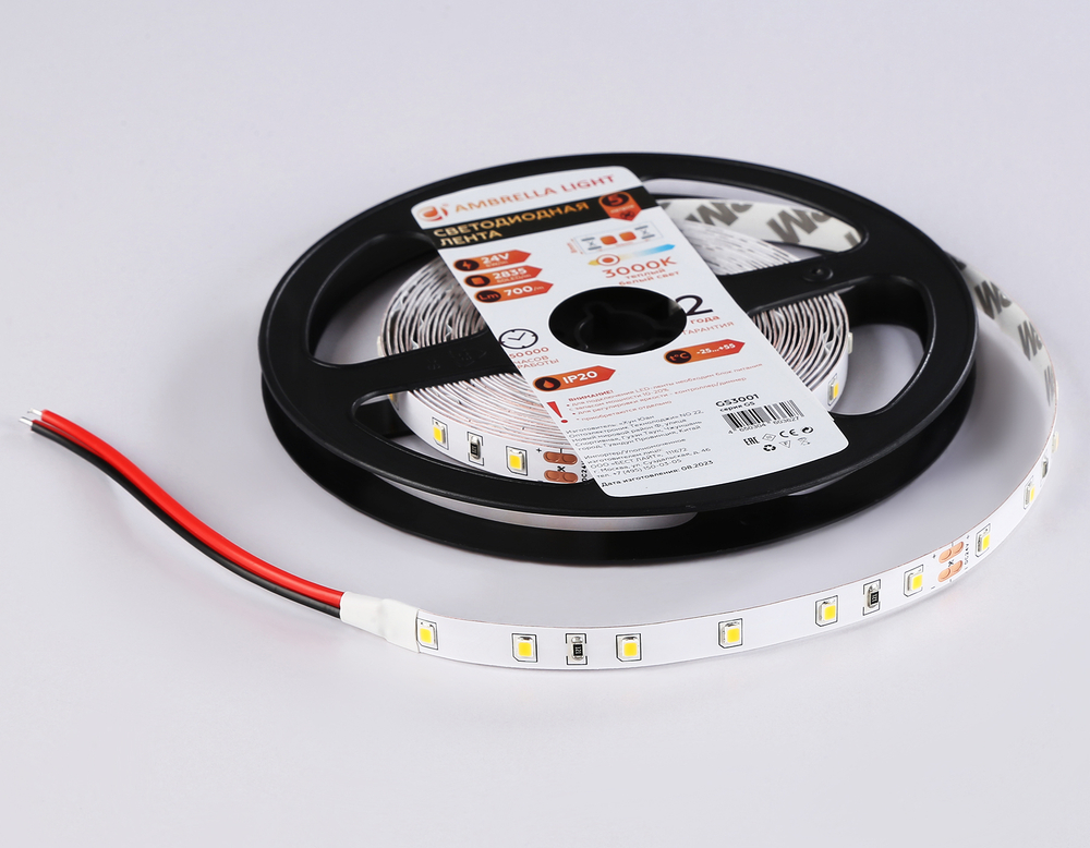 Светодиодная лента GS3001 2835 60Led/ 6W m/ 24V IP20 3000K/ 5000*8*1.2mm/ кратность резки 100mm (2 конт.)