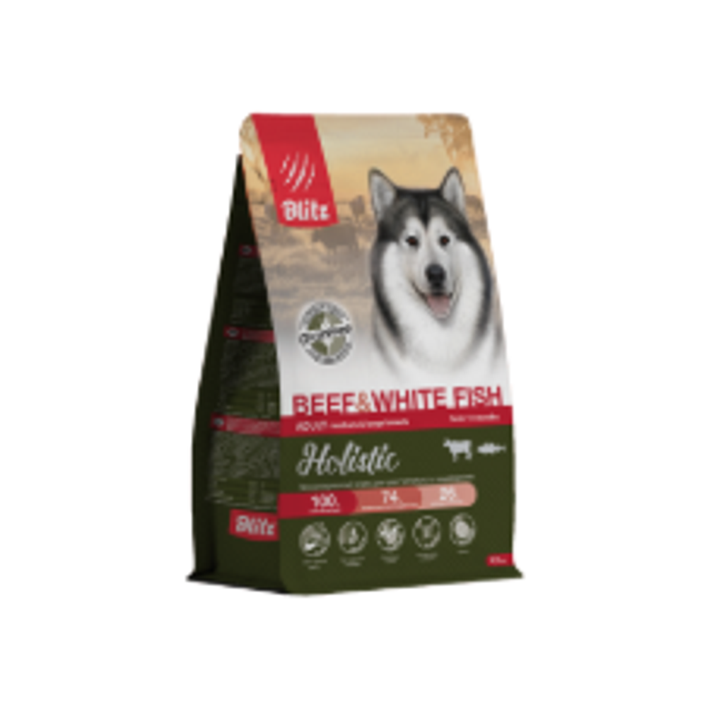 Сухой корм для собак Blitz Holistic Beef & White Fish Adult Dog Medium & Large breeds (Grain Free) с говядиной и белой рыбой для средних и крупных пород Holistic гипоаллергенный корм для чувствительного пищеварения, 12 кг