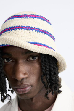 ZARA ШЛЯПА ИЗ КРУЖЕВА КРОШЕ В ПОЛОСКУ, ЭКРЮ