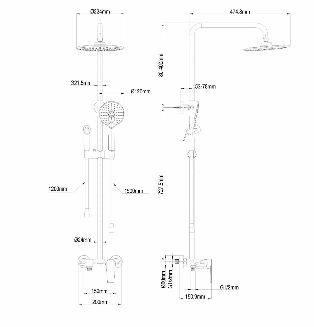 Душевая система с техническим душем WONZON & WOGHAND WW-A30874-BG брашированное золото