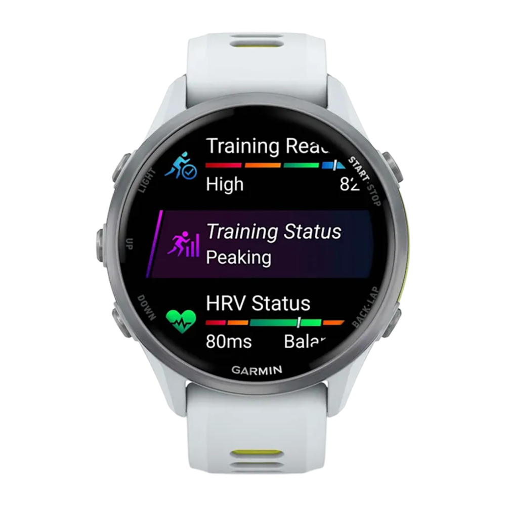 Спортивные часы Garmin Forerunner 970, силиконовый ремешок цвета «Уайтстоун»/дымчато-жёлтый Безель из титана, корпус цвета «Уайтстоун», AMOLED-дисплей с сапфировым стеклом. Ремешок с классической застёжкой — на запястье обхватом 135–205 мм