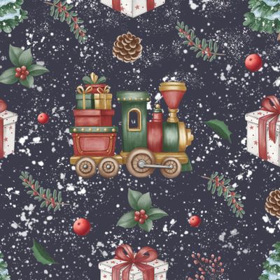 Паровозик с подарками на темном фоне