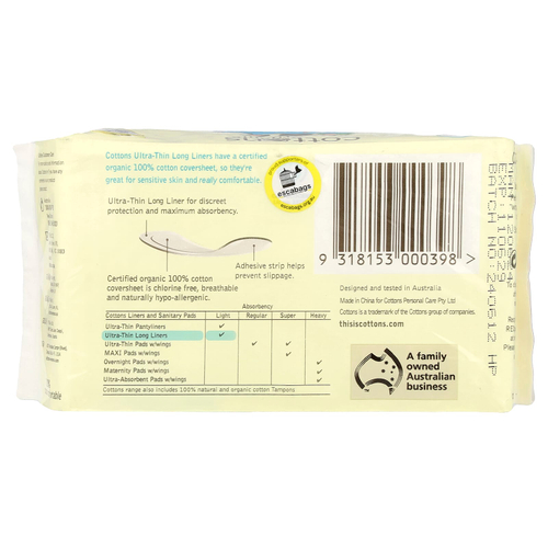 Cottons, Ультратонкие прокладки увеличенной длины с покрывающим слоем из 100% чистого хлопка, 32 шт.