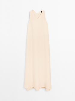 Massimo Dutti Длинное платье из струящейся ткани с V-образным вырезом, светло-желтый