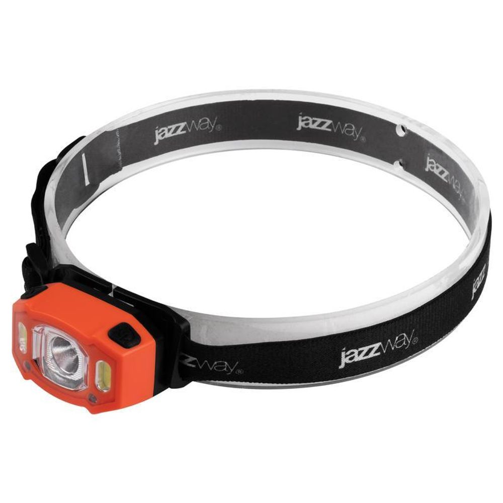 Фонарь аккумуляторный налобный AccuH3-L5W-og zoom LED 5Вт + 2хRED SMD IP54 5 режимов: 100проц. 180лм 3.5ч/50проц. 110лм 5.5ч/30проц. 65лм 15ч/красн. 28ч/мигающ. красн. 12ч аккум. 1.2А.ч управл. жестами оранж. JazzWay 5036673