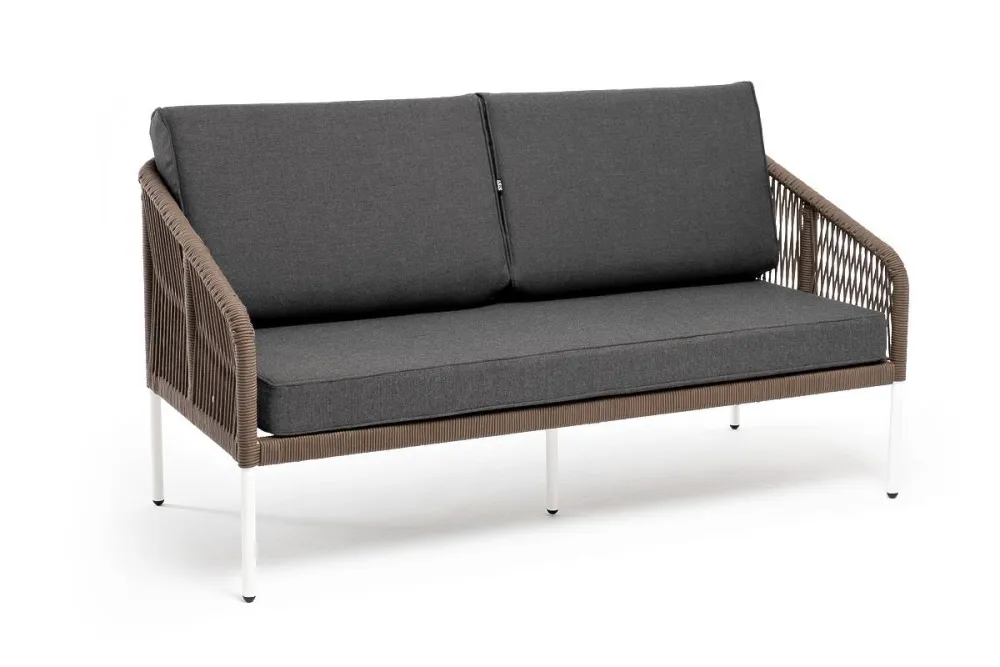 "Канны" диван 2-местный плетеный из роупа, каркас алюминий белый, роуп коричневый круглый, ткань серая