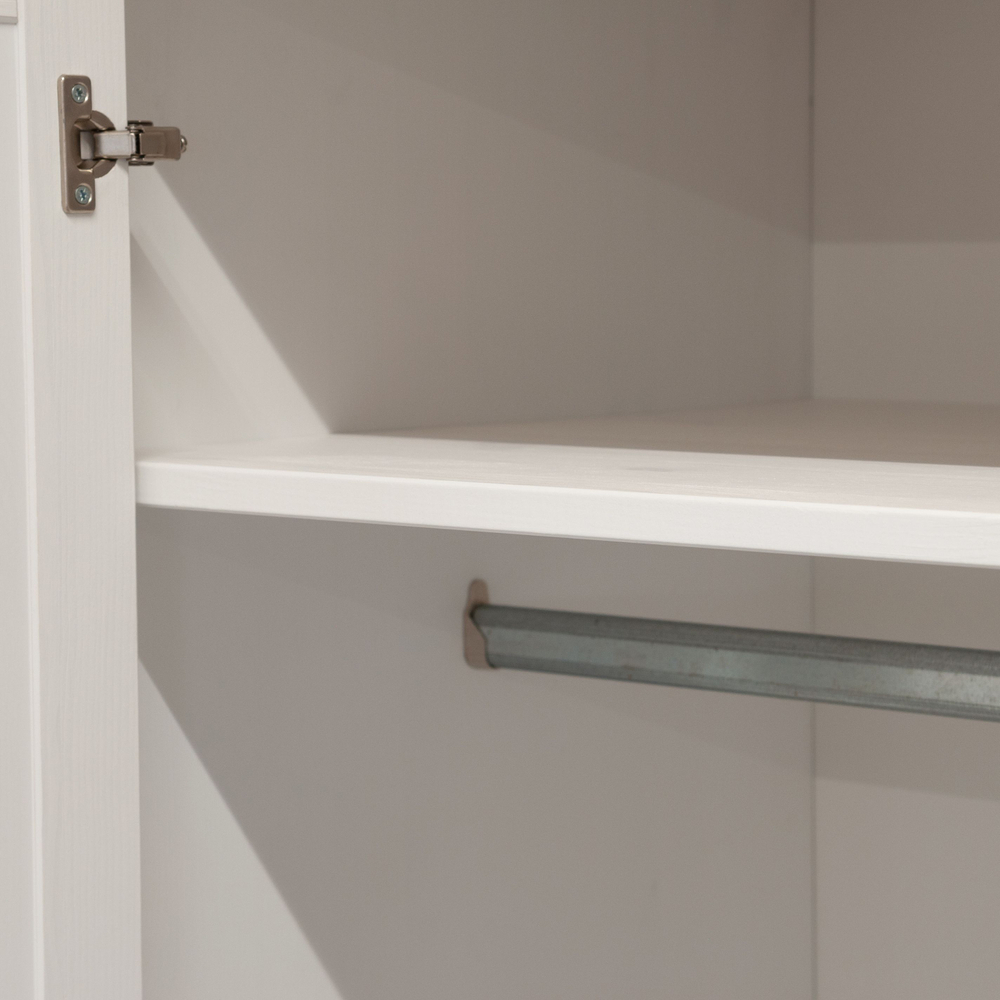 Шкаф для одежды 98х57х193, Харви, распашной двухдверный, с ящиком для вещей, со штангой и полками, в прихожую и спальню с филенкой в викторианском стиле из массива сосны, белый, Dipriz