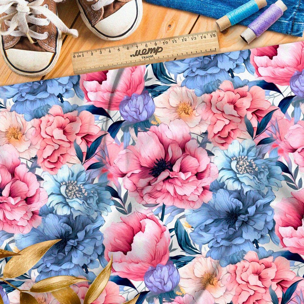 Ткань премиум таффета пионы в вихре