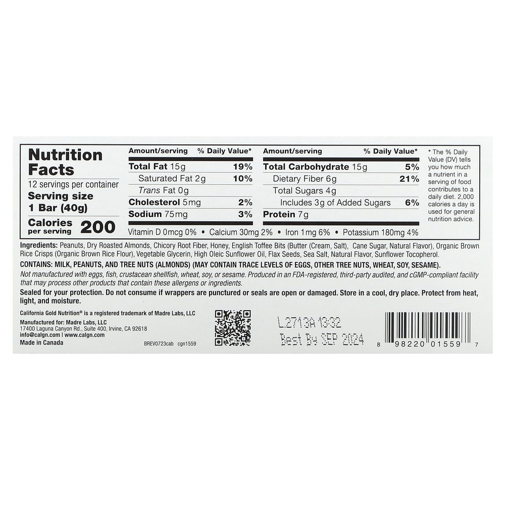 California Gold Nutrition, Foods, батончики с карамелью и миндалем, 12 шт. по 40 г (1,4 унции)