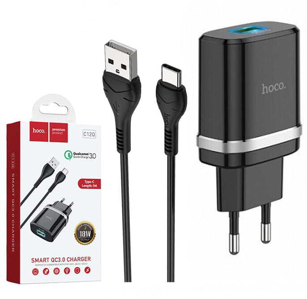 Сетевой адаптер питания HOCO C12Q QC3.0 + кабель Type-C (черный)