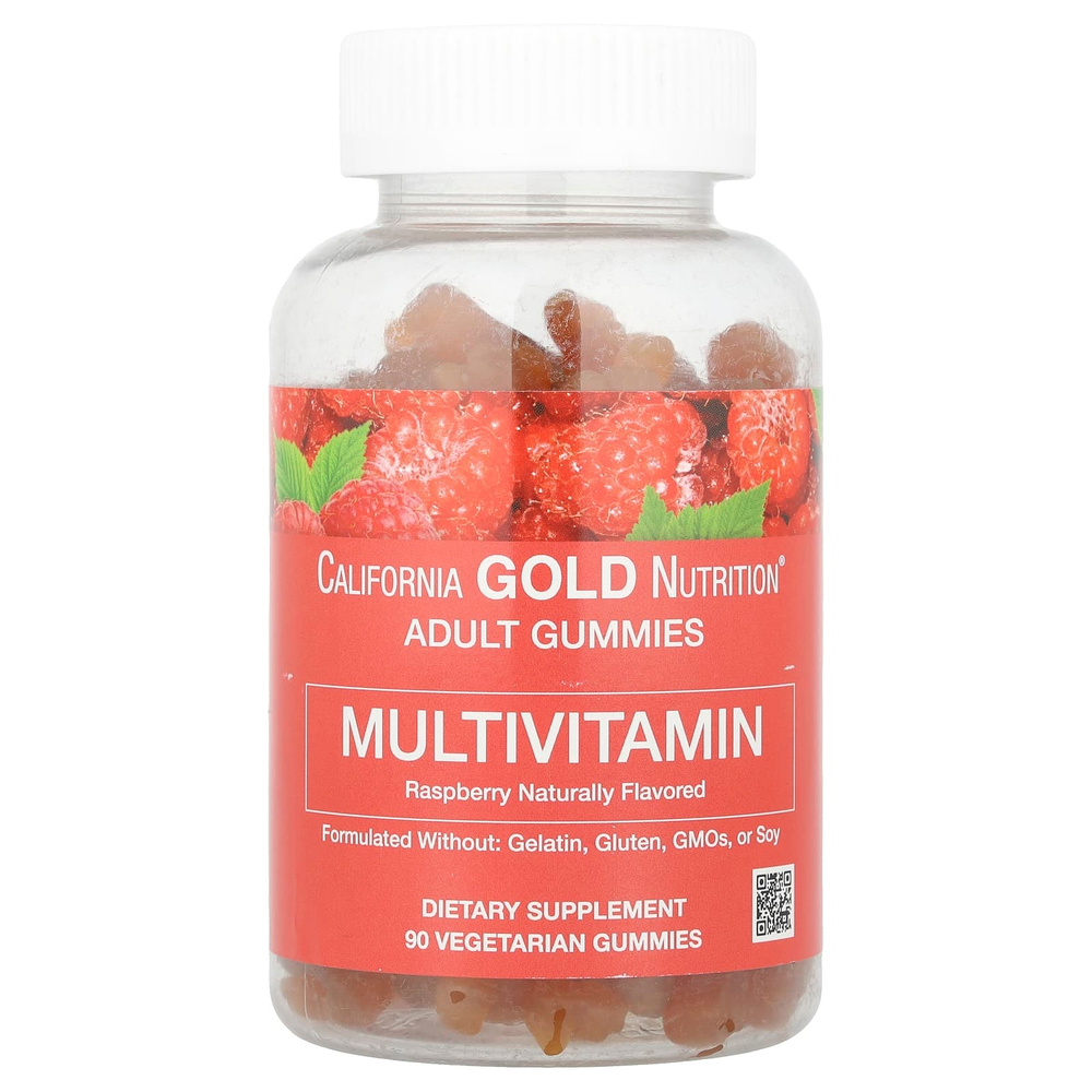 California Gold Nutrition, жевательные мультивитамины для взрослых, с натуральным вкусом малины, 90 вегетарианских жевательных таблеток