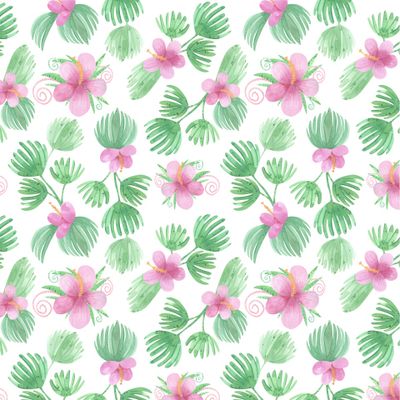 Тропические растения. Джунгли принт. Листья пальмы, розовые цветы, гибискус