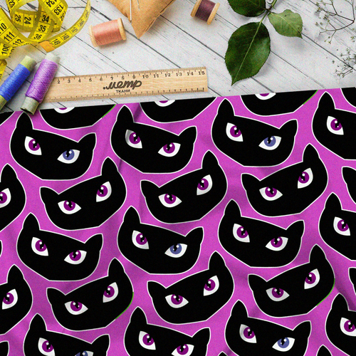 Ткань оксфорд 210 чёрные коты на розовой ткани