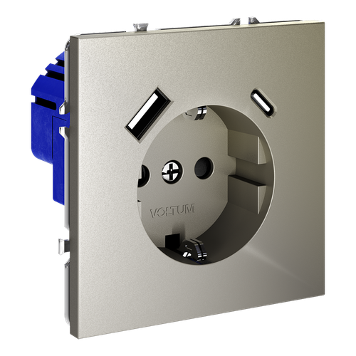 Розетка встраиваемая VOLTUM S70 с заземлением и защитными шторками, 16А, с USB, A+С, (шелк)