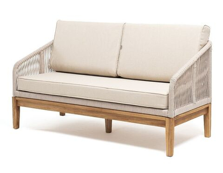 "Канны" диван 2-местный плетеный из роупа, основание дуб, роуп бежевый круглый, ткань бежевая 052