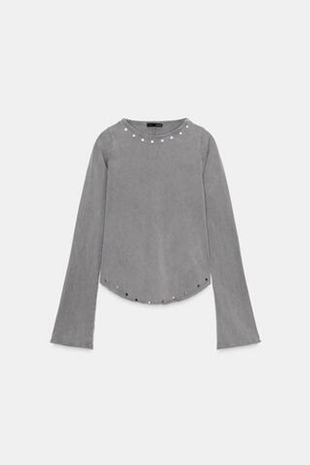 ZARA ТОП ИЗ ТКАНИ С ЭФФЕКТОМ ПОТЕРТОСТИ И ЗАКЛЕПКАМИ, СВЕТЛО-СЕРЫЙ