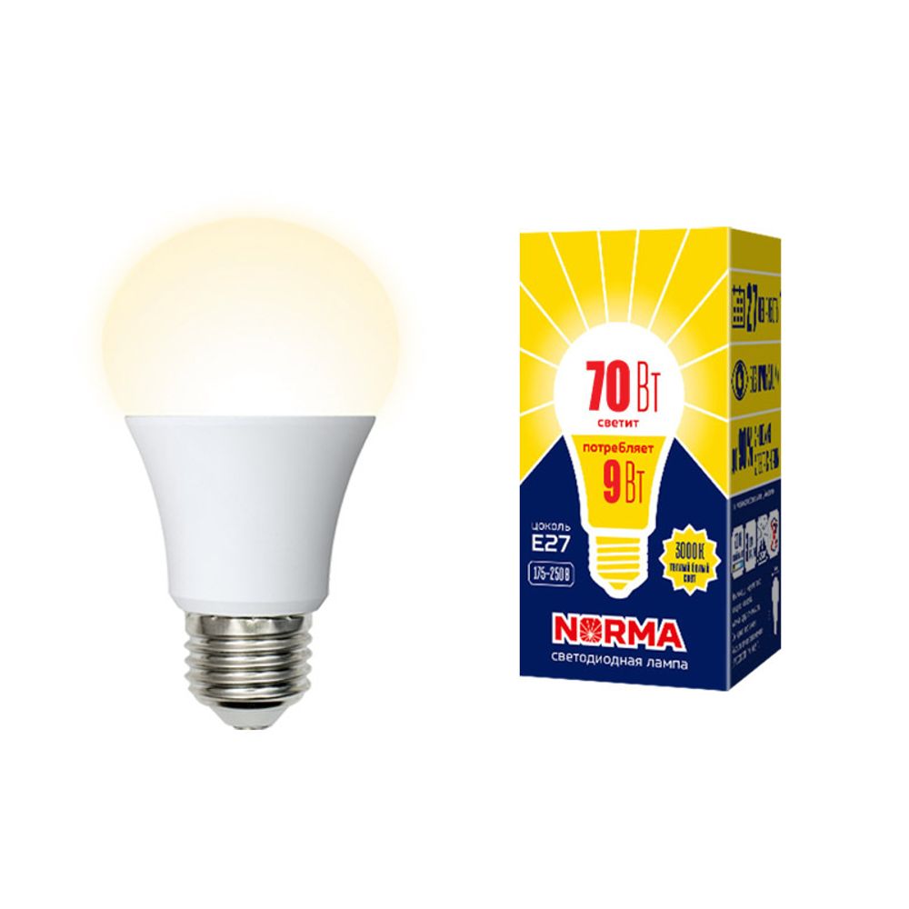 LED-A60-9W/3000K/E27/FR/NR Лампа светодиодная. Форма A, матовая. Серия Norma. Теплый белый свет (3000K). Картон. ТМ Volpe