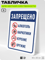 Табличка для частной территории "Запрещено: алкоголь наркотики курение и оружие", для участка, организаций и частных территорий, предупреждающая, 40х30 см, Silver Plane x Айдентика Технолоджи