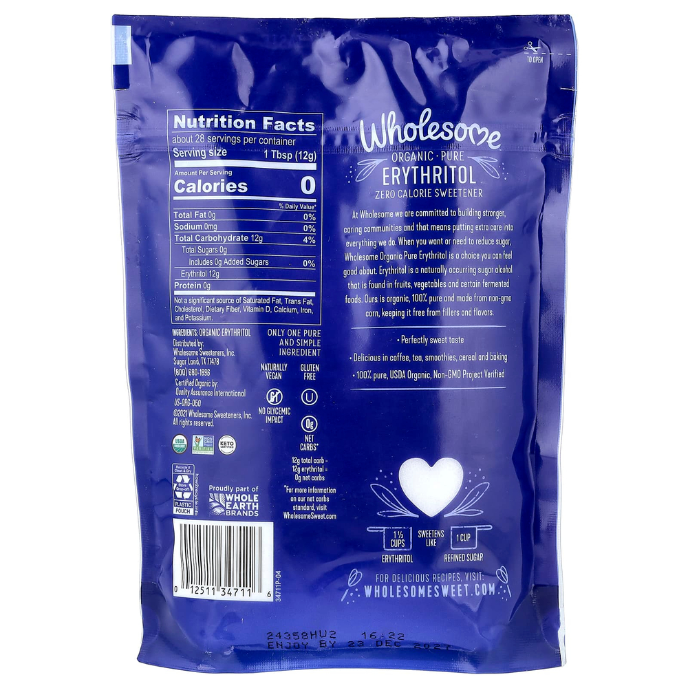 Wholesome Sweeteners, органический чистый эритритол, подсластитель с нулевым содержанием калорий, 340 г (12 унций)