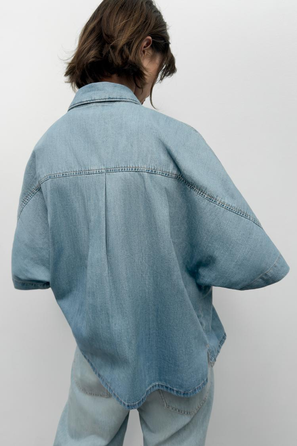 ZARA ДЖИНСОВАЯ РУБАШКА TRF С КОРОТКИМ РУКАВОМ, СИНИЙ